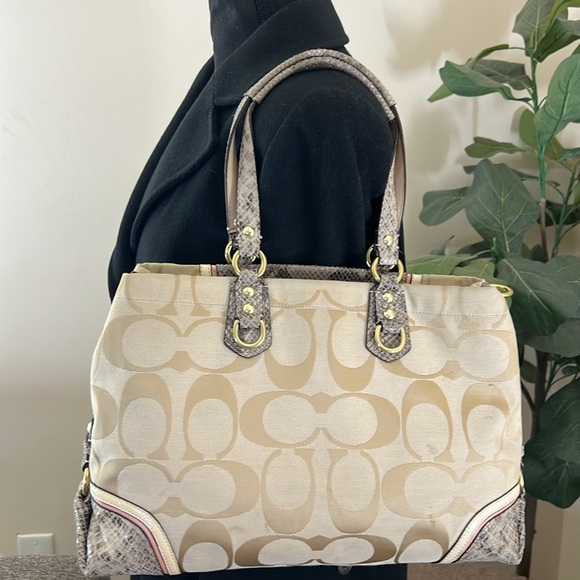 Coach Beige Signature Canvas And Python Embossed Leather Ashley Tote - Picture 4 of 16